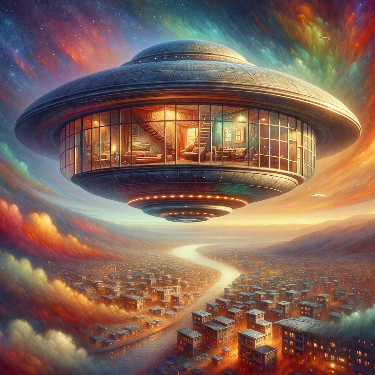 The primary subject of the image is a large, futuristic-looking spacecraft with a dome-shaped top. The spacecraft is floating in the sky, and it appears to be a part of a cityscape. The setting is a city with numerous buildings, including a large building that resembles a spaceship. The visual style of the image is a combination of digital art and illustration, creating a vibrant and imaginative scene. The colors and mood of the image are predominantly warm and